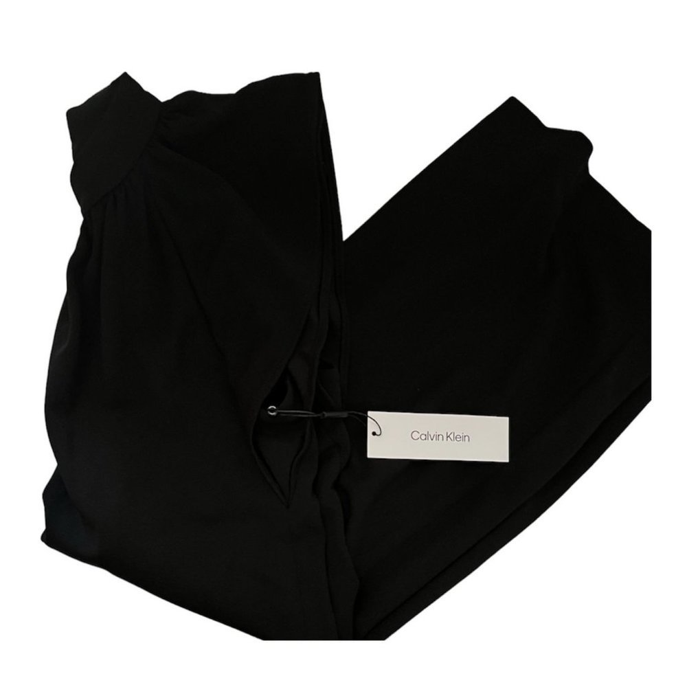 Calvin Klein Womens Black Short Flutter Sleeve Pleat Neck Shift Dress Sz 10 NWT - Picture 6 of 10
